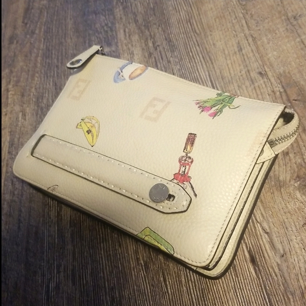 Fendi Monogram Leather Floral Tea Cream Designer Clutch Hand Strap Compartments